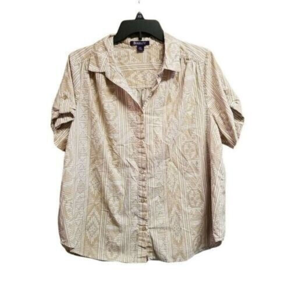 Roamans Womens Sz 18W Brown White Geometric Short Sleeve Button Down Blouse - Picture 6 of 9